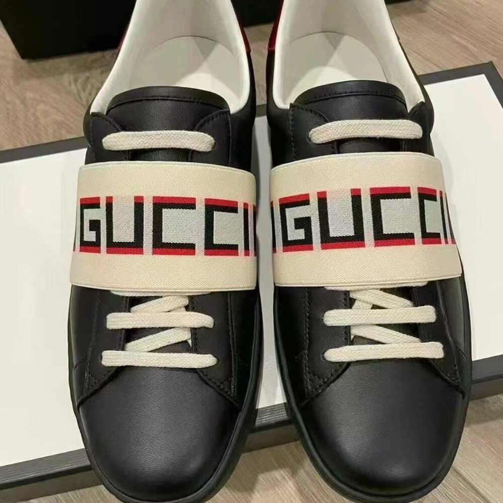 NIB Authentic Gucci Calfskin Stripe Mens New Ace Sneakers Crop Ecru Black - Picture 3 of 5